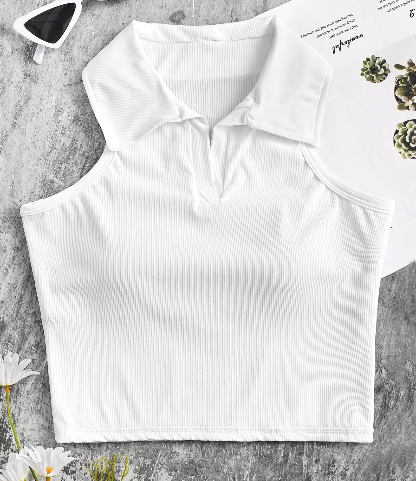 Ribbed Workout Crop Top Collar Shirts