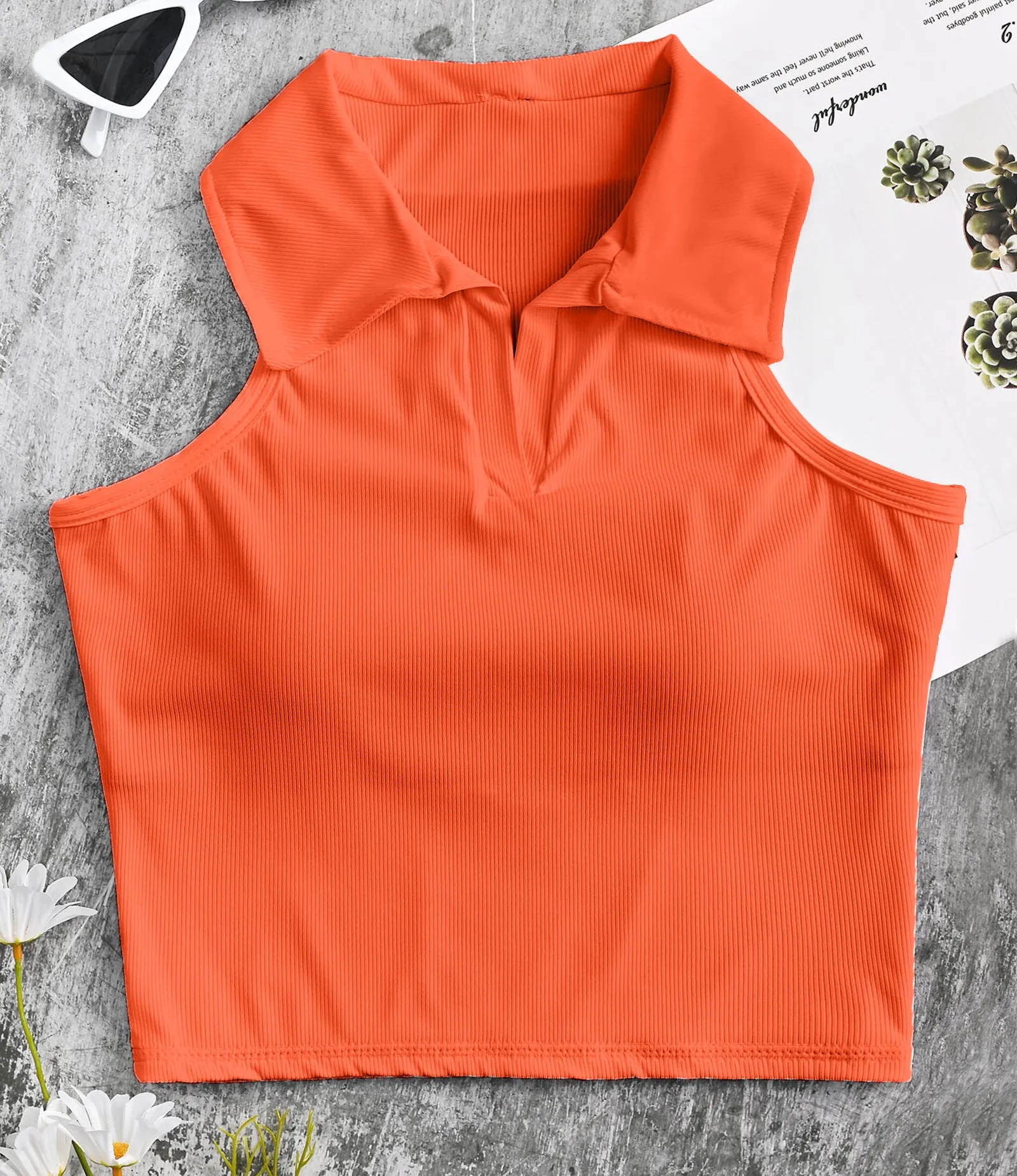 Ribbed Workout Crop Top Collar Shirts