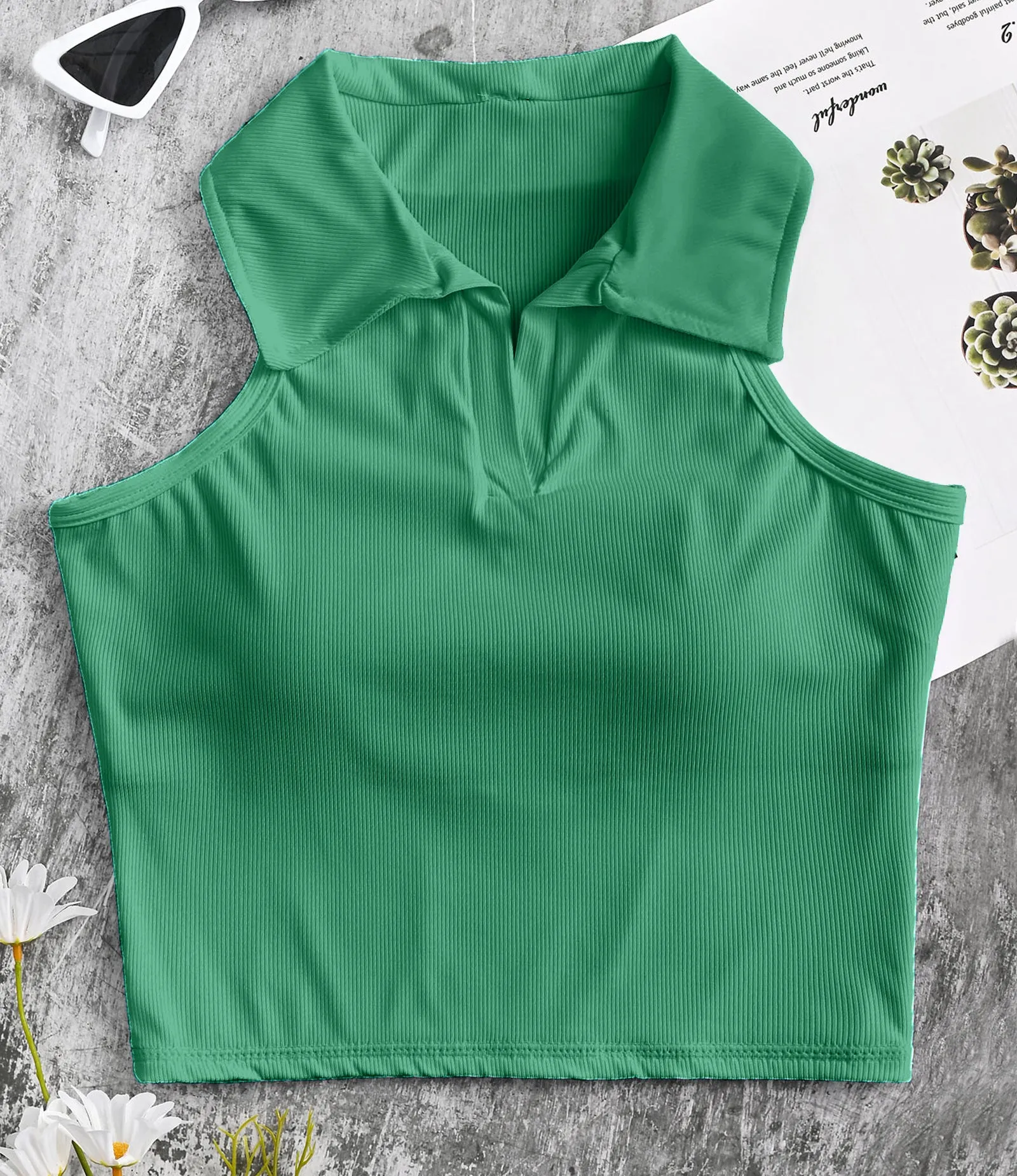 Ribbed Workout Crop Top Collar Shirts