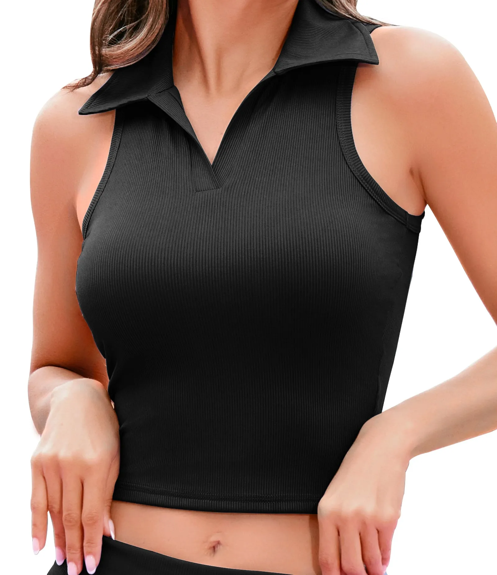 Ribbed Workout Crop Top Collar Shirts