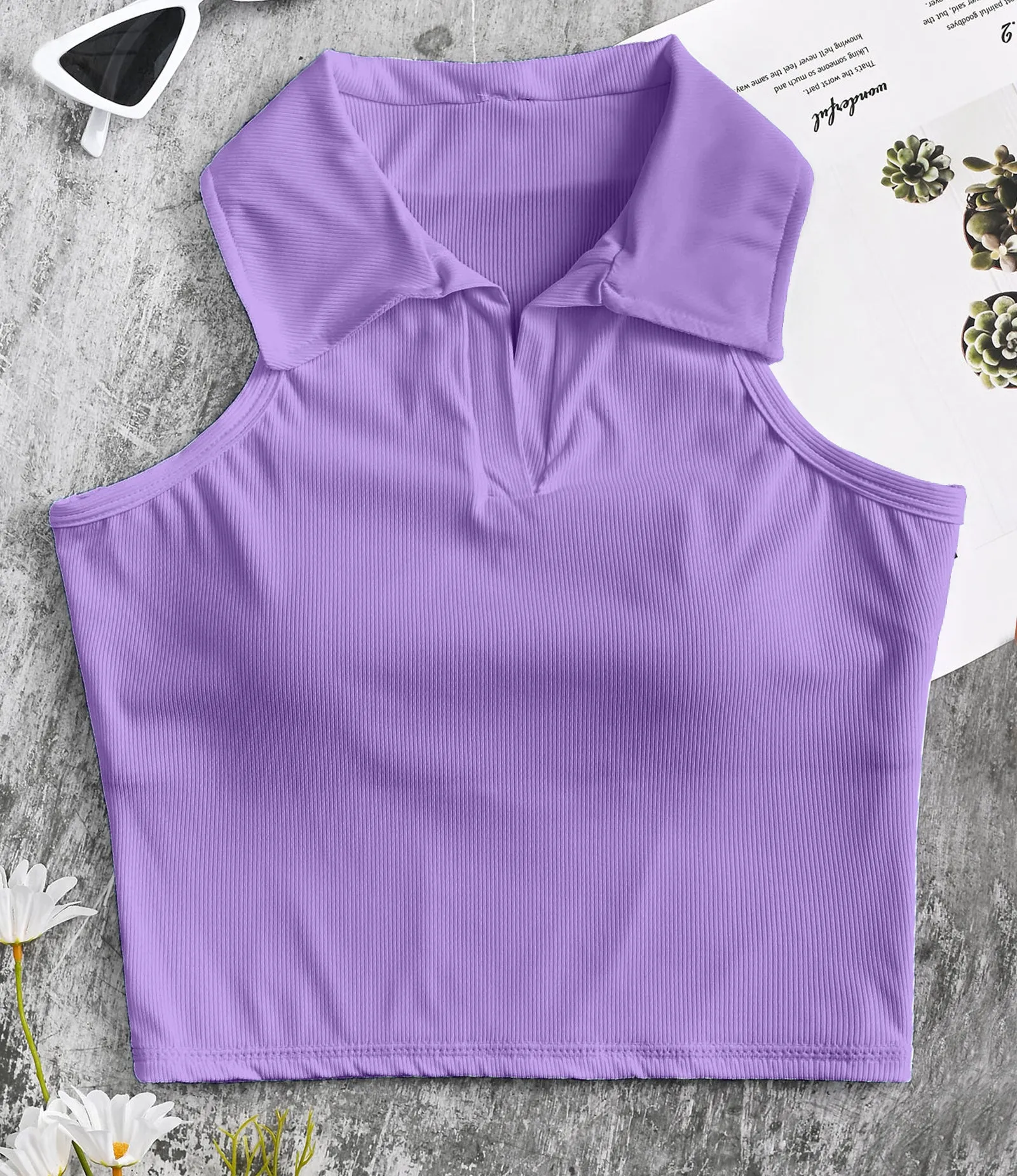 Ribbed Workout Crop Top Collar Shirts