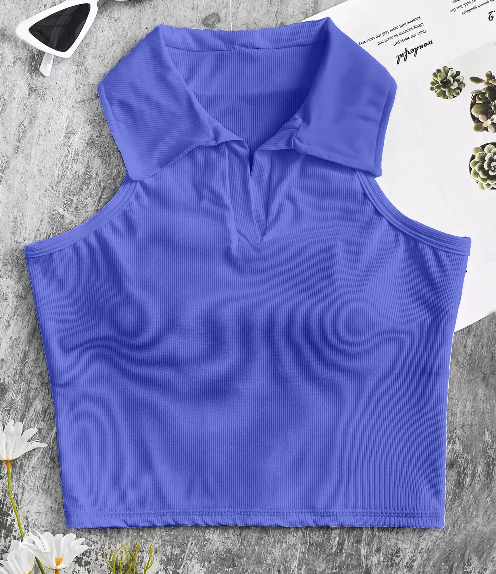 Ribbed Workout Crop Top Collar Shirts