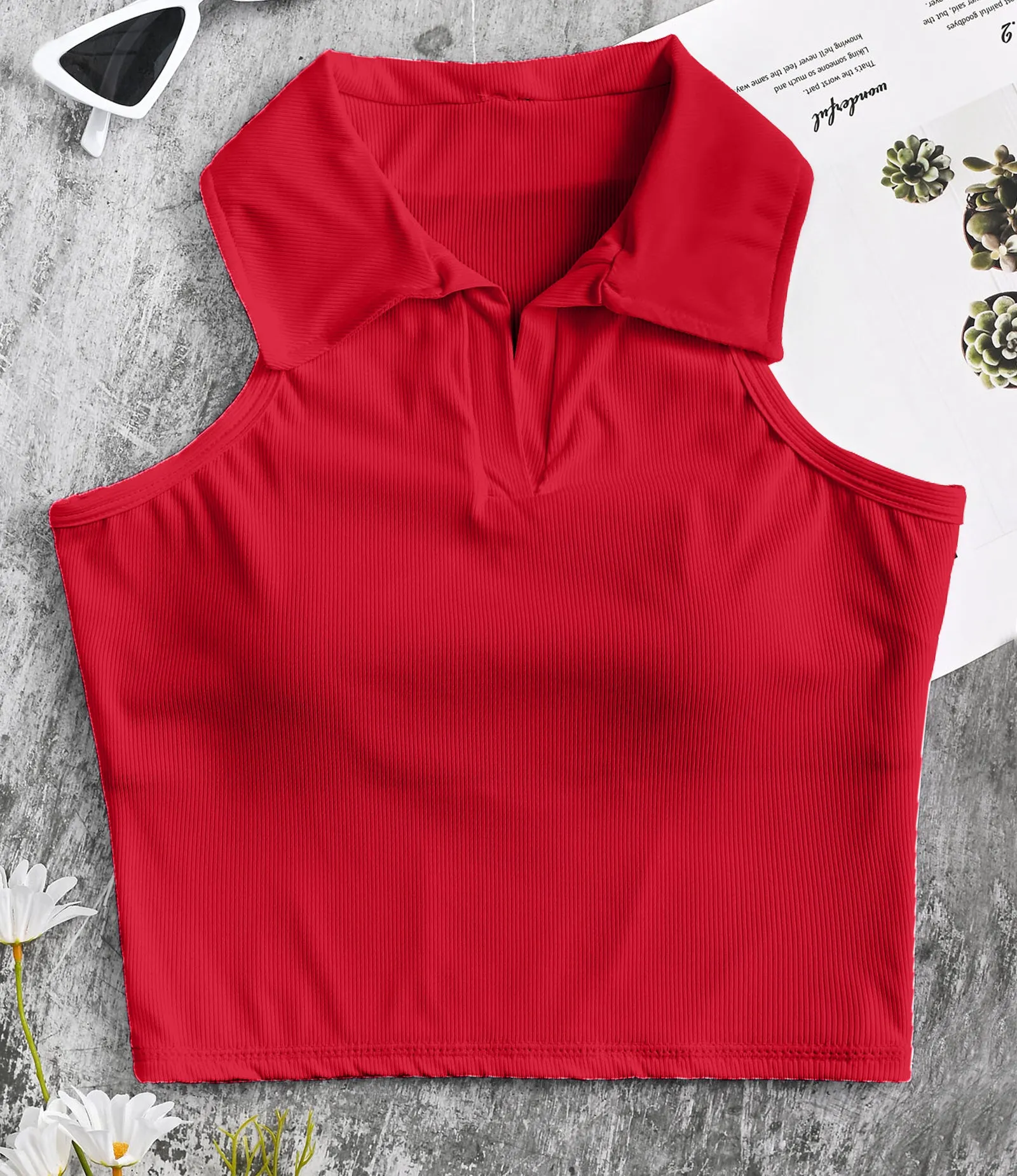Ribbed Workout Crop Top Collar Shirts