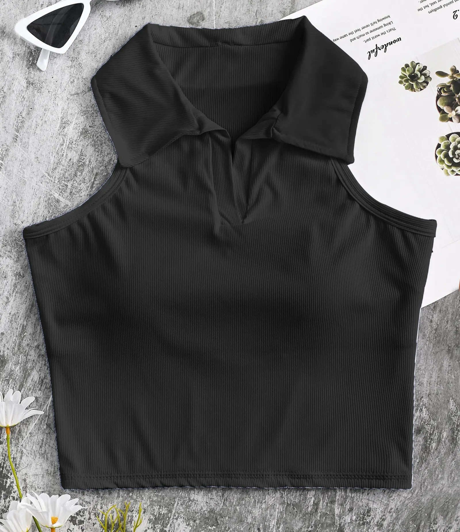 Ribbed Workout Crop Top Collar Shirts