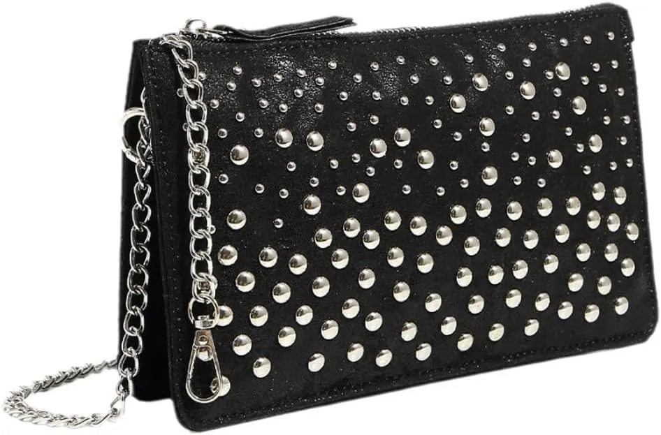 Rivet Shoulder Bag for Women Chic Hobo Bag Vegan Leather Shiny Crossbody Handbag Chain Clutch Purse