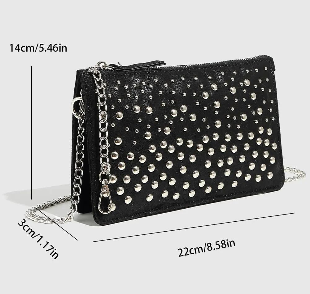Rivet Shoulder Bag for Women Chic Hobo Bag Vegan Leather Shiny Crossbody Handbag Chain Clutch Purse