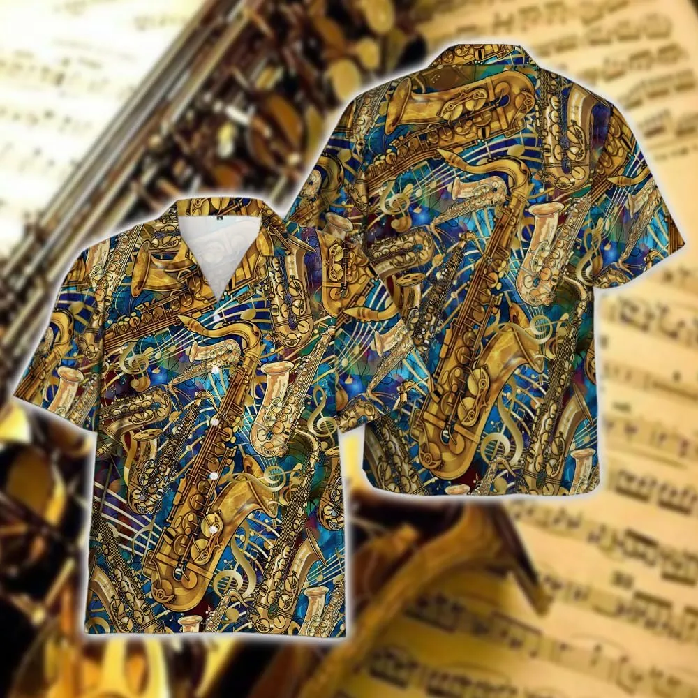 Saxophone Hawaiian Shirts for Men - Musics Lover Button Down Mens Shirts Short Sleeve Luau Beach Shirt