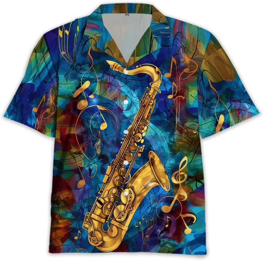 Saxophone Hawaiian Shirts for Men - Musics Lover Button Down Mens Shirts Short Sleeve Luau Beach Shirt