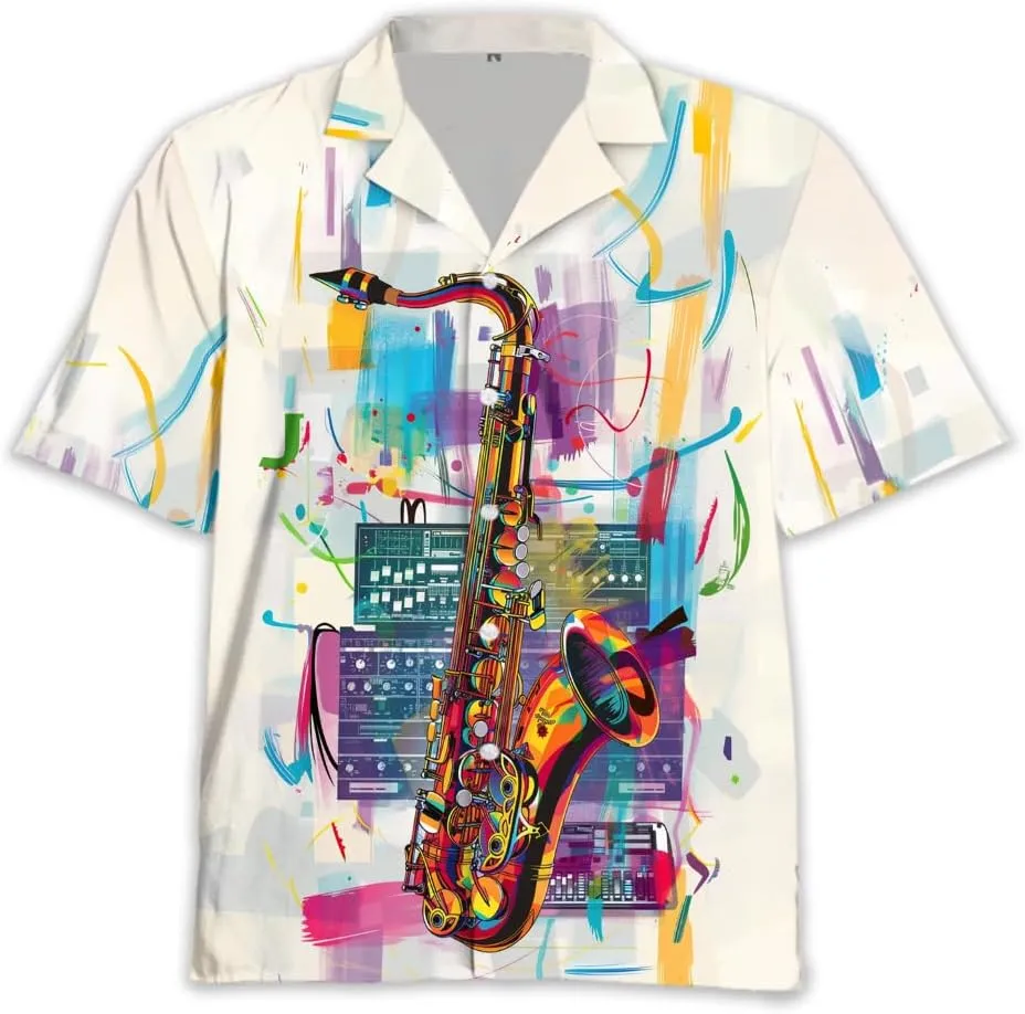 Saxophone Hawaiian Shirts for Men - Musics Lover Button Down Mens Shirts Short Sleeve Luau Beach Shirt
