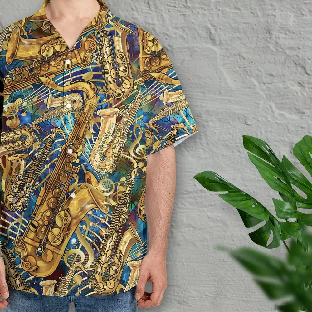 Saxophone Hawaiian Shirts for Men - Musics Lover Button Down Mens Shirts Short Sleeve Luau Beach Shirt