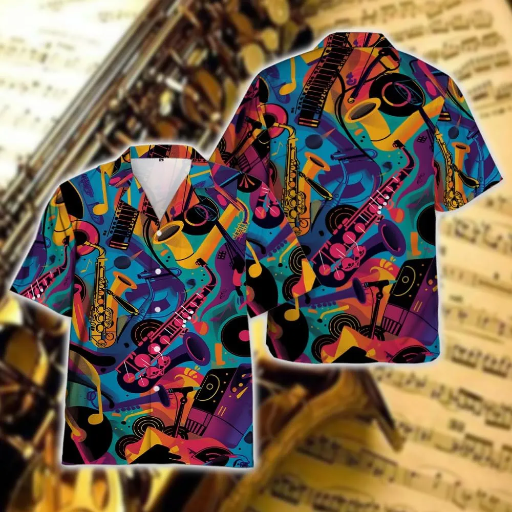 Saxophone Hawaiian Shirts for Men - Musics Lover Button Down Mens Shirts Short Sleeve Luau Beach Shirt