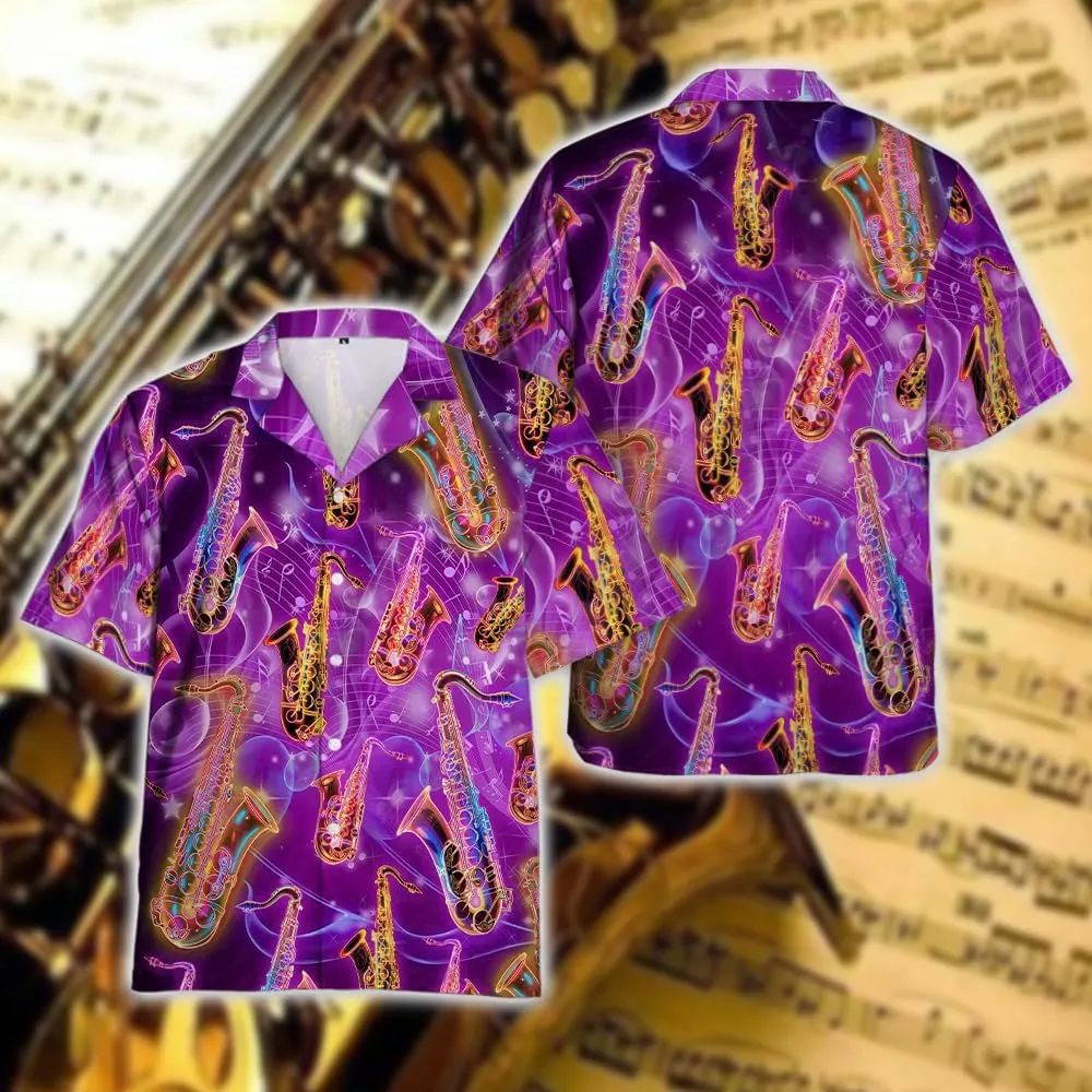 Saxophone Hawaiian Shirts for Men - Musics Lover Button Down Mens Shirts Short Sleeve Luau Beach Shirt