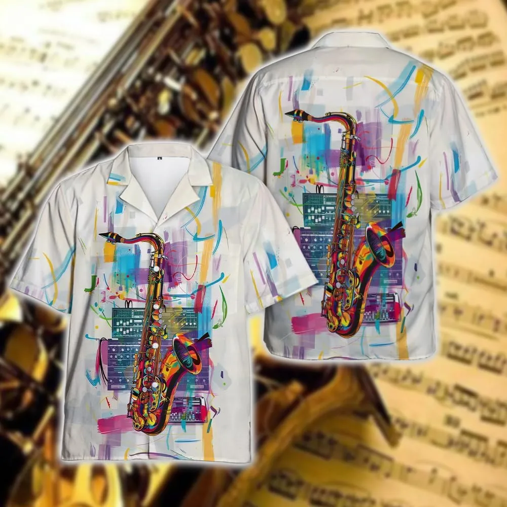 Saxophone Hawaiian Shirts for Men - Musics Lover Button Down Mens Shirts Short Sleeve Luau Beach Shirt