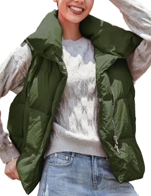 SDEER Women's High Neck Down Vest Zipper Button Sleeveless Puffer Down Winter Coats Vest Warm Short Jacket