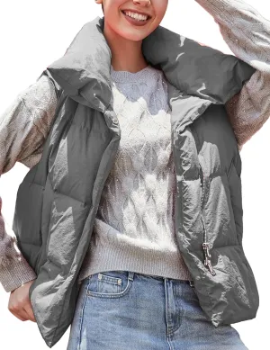 SDEER Women's High Neck Down Vest Zipper Button Sleeveless Puffer Down Winter Coats Vest Warm Short Jacket