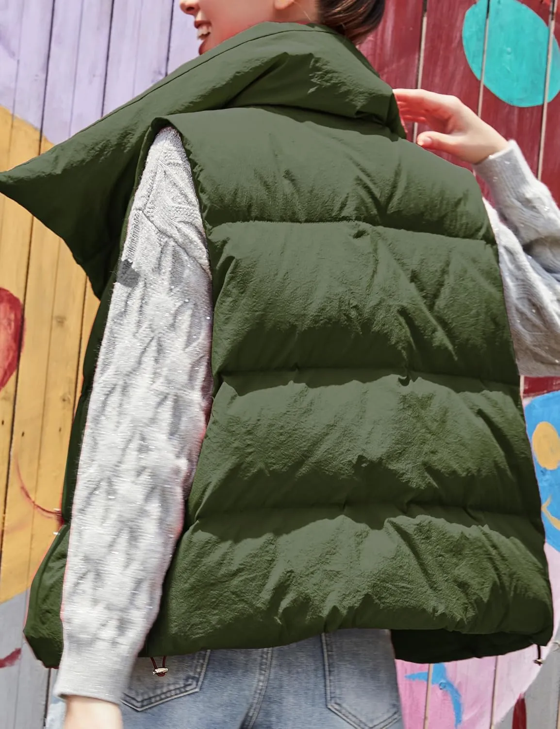 SDEER Women's High Neck Down Vest Zipper Button Sleeveless Puffer Down Winter Coats Vest Warm Short Jacket
