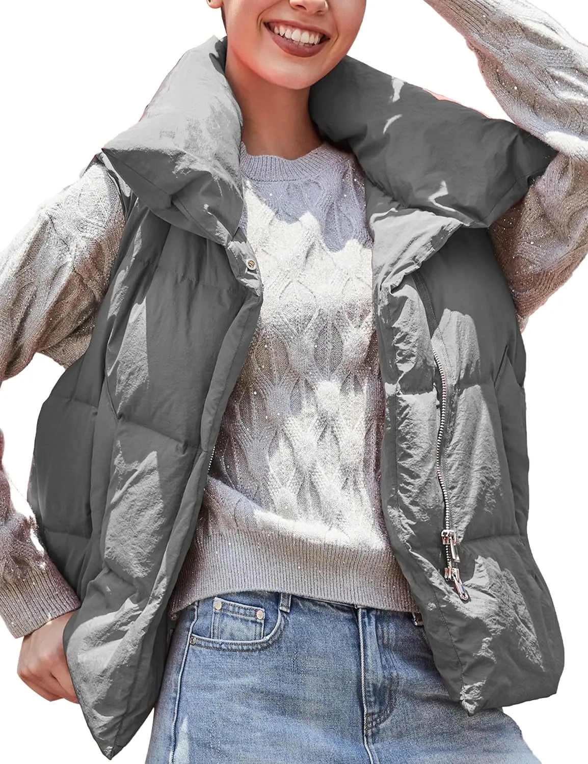 SDEER Women's High Neck Down Vest Zipper Button Sleeveless Puffer Down Winter Coats Vest Warm Short Jacket