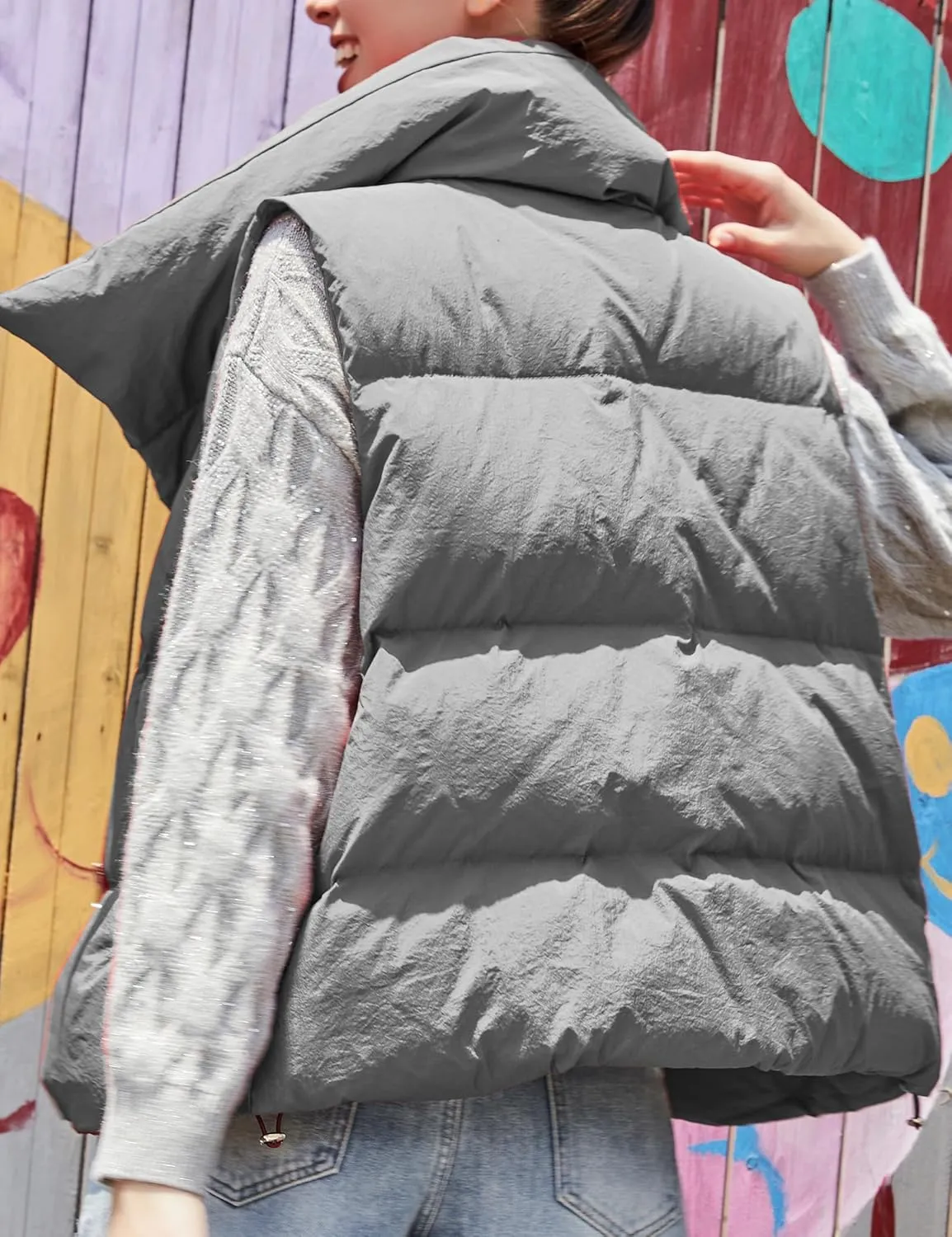 SDEER Women's High Neck Down Vest Zipper Button Sleeveless Puffer Down Winter Coats Vest Warm Short Jacket