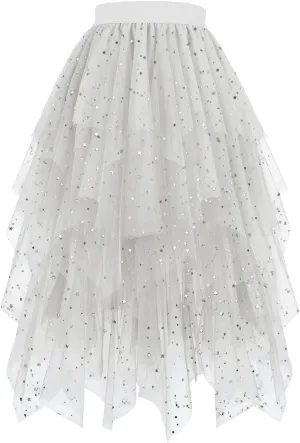 Sequin Skirts for Women Tulle Maxi Skirt Sparkly Tutu Skirt A Line Layered Midi Skirt Elegant Evening Party Skirt