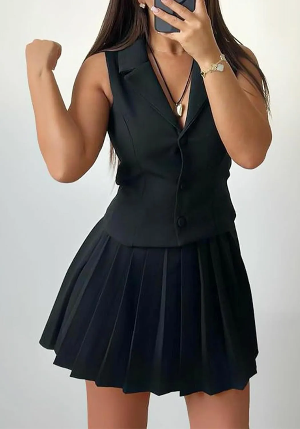 Skirt Suit Set for Women V Neck Backless Sleeveless Blazer Vest and Mini Pleated Skirts
