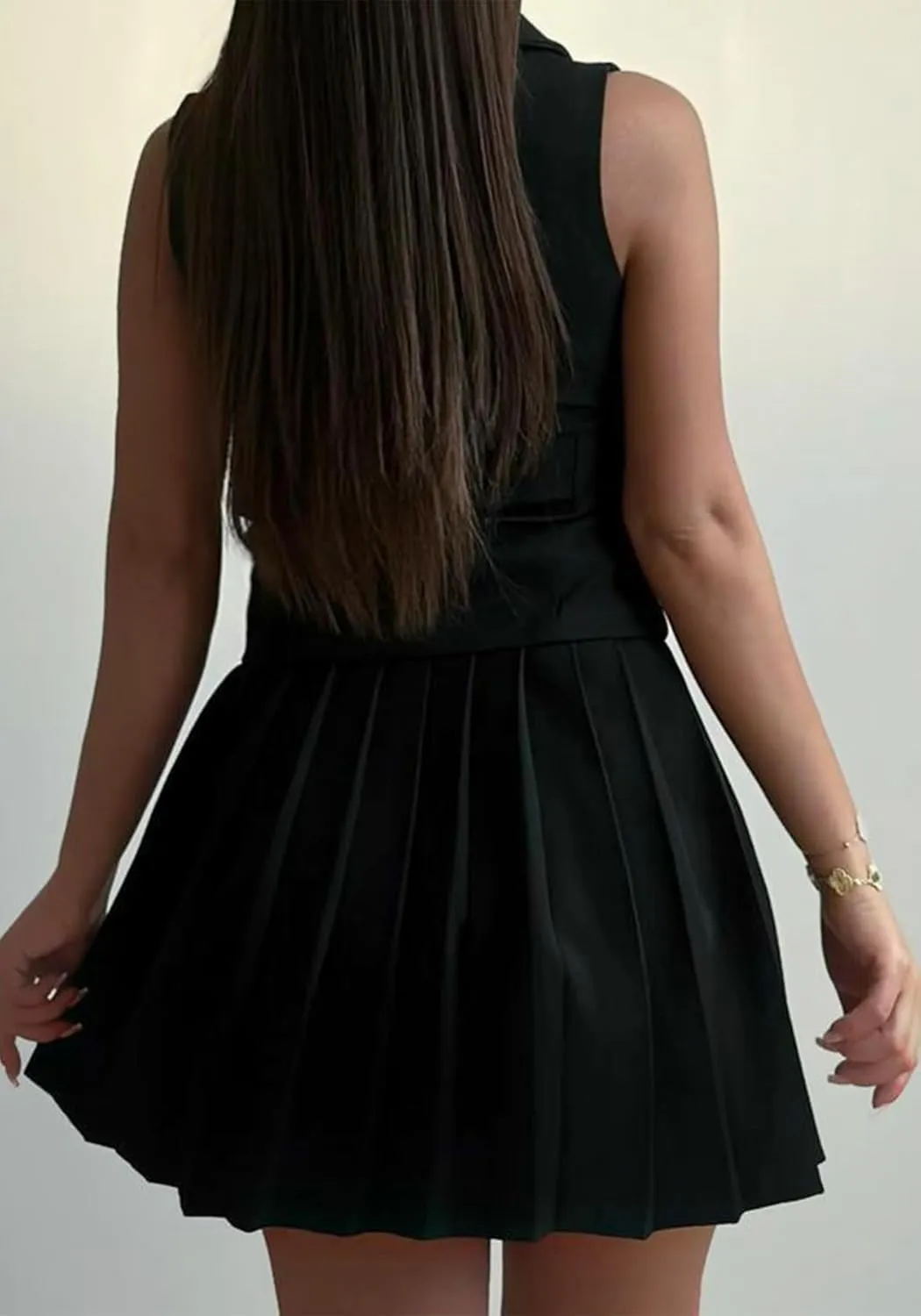 Skirt Suit Set for Women V Neck Backless Sleeveless Blazer Vest and Mini Pleated Skirts
