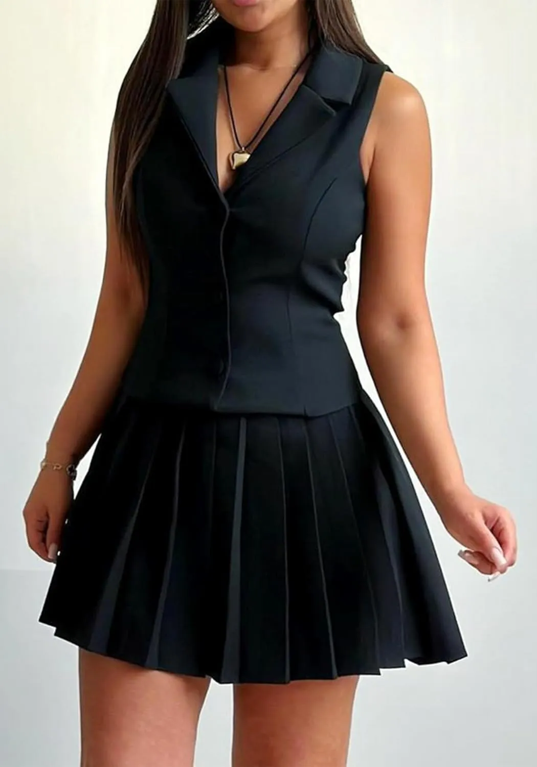 Skirt Suit Set for Women V Neck Backless Sleeveless Blazer Vest and Mini Pleated Skirts