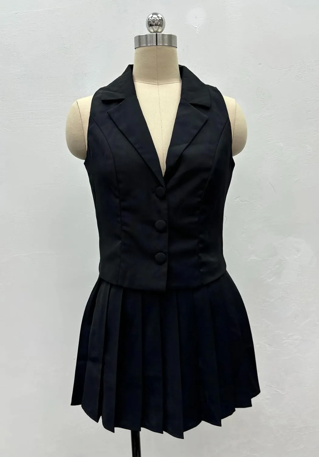Skirt Suit Set for Women V Neck Backless Sleeveless Blazer Vest and Mini Pleated Skirts