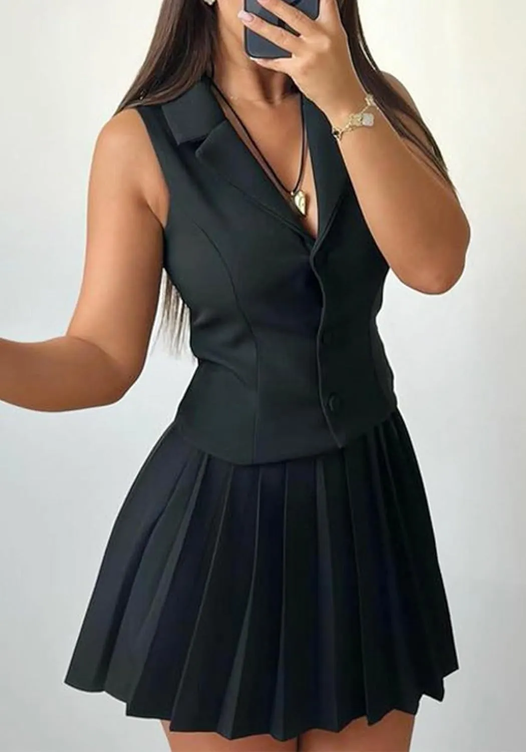Skirt Suit Set for Women V Neck Backless Sleeveless Blazer Vest and Mini Pleated Skirts