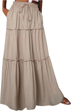 Skirts for Women Maxi Length Summer Skirts Flowy Long Skirt High Waisted Midi Skirt Tiered Beach Skirt with Pockets