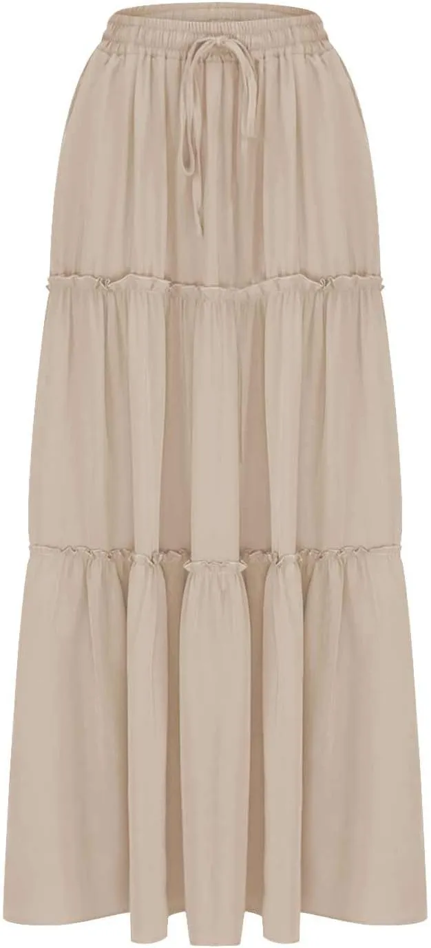 Skirts for Women Maxi Length Summer Skirts Flowy Long Skirt High Waisted Midi Skirt Tiered Beach Skirt with Pockets