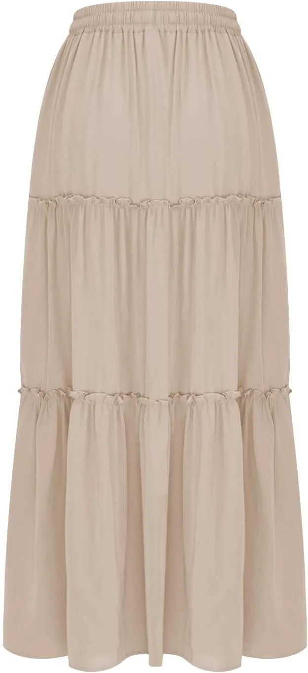 Skirts for Women Maxi Length Summer Skirts Flowy Long Skirt High Waisted Midi Skirt Tiered Beach Skirt with Pockets