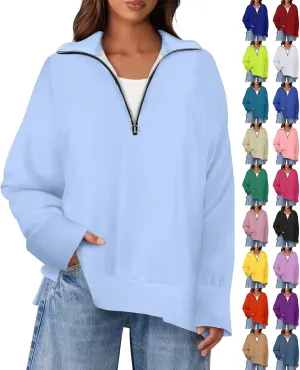 slqdgmryz Quarter Zip Pullover Women Side Slit Oversized Sweatshirt Preppy 1/4 Zipper Y2k Hoodie Long Sleeve Cute Sweatshirts