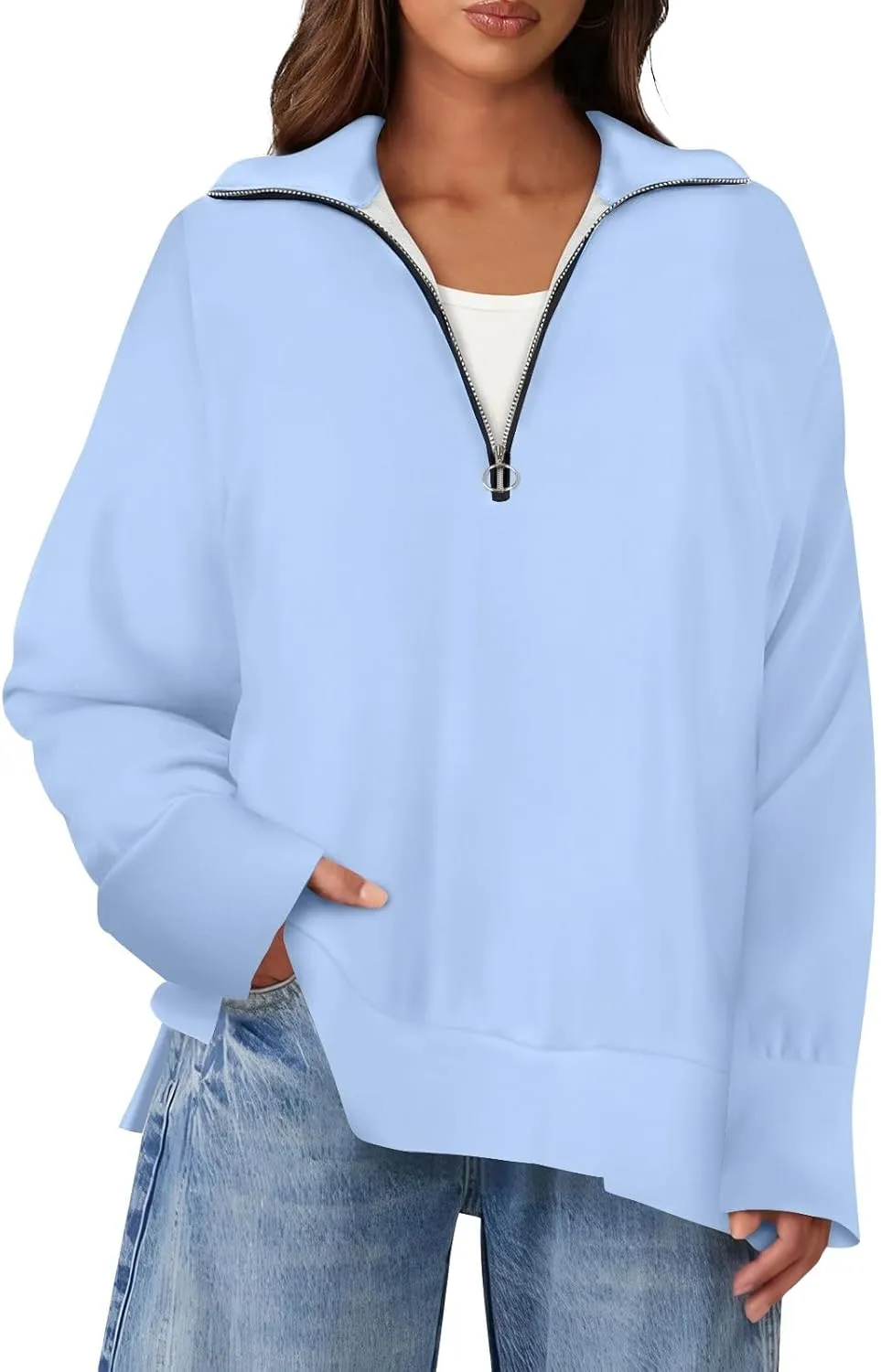 slqdgmryz Quarter Zip Pullover Women Side Slit Oversized Sweatshirt Preppy 1/4 Zipper Y2k Hoodie Long Sleeve Cute Sweatshirts