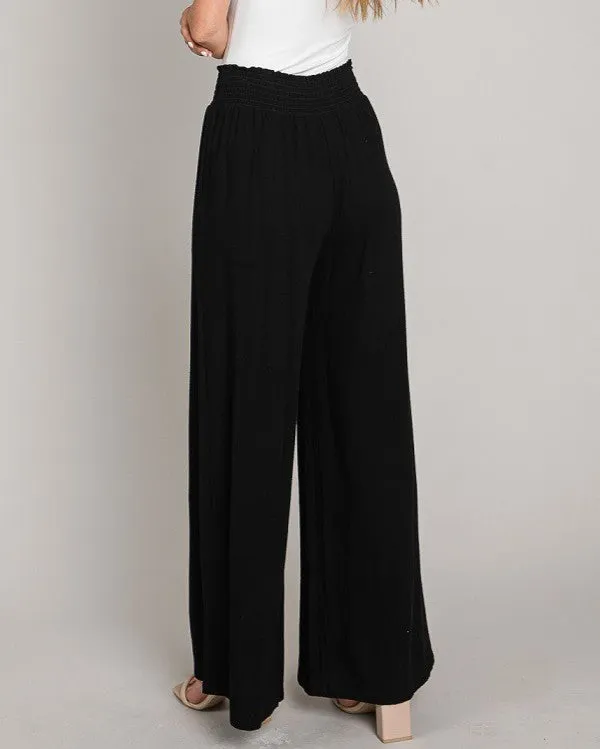Soft Linen Smocked Waist Wide Leg Pants - Black