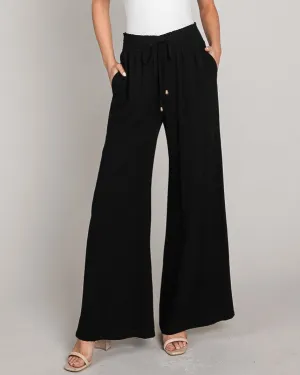 Soft Linen Smocked Waist Wide Leg Pants - Black