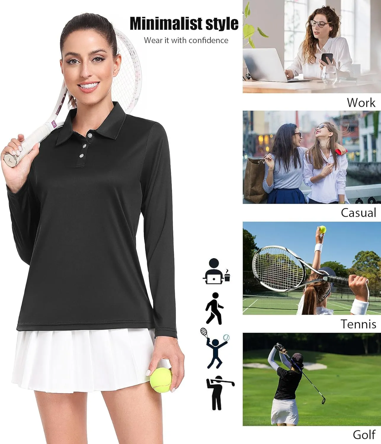 Star Vibe Long Sleeve Polo Shirts for Women Moisture Wicking Golf Shirt Quick Dry UPF 50  Sun Tennis Athletic Tops 3 Pack