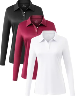 Star Vibe Long Sleeve Polo Shirts for Women Moisture Wicking Golf Shirt Quick Dry UPF 50  Sun Tennis Athletic Tops 3 Pack