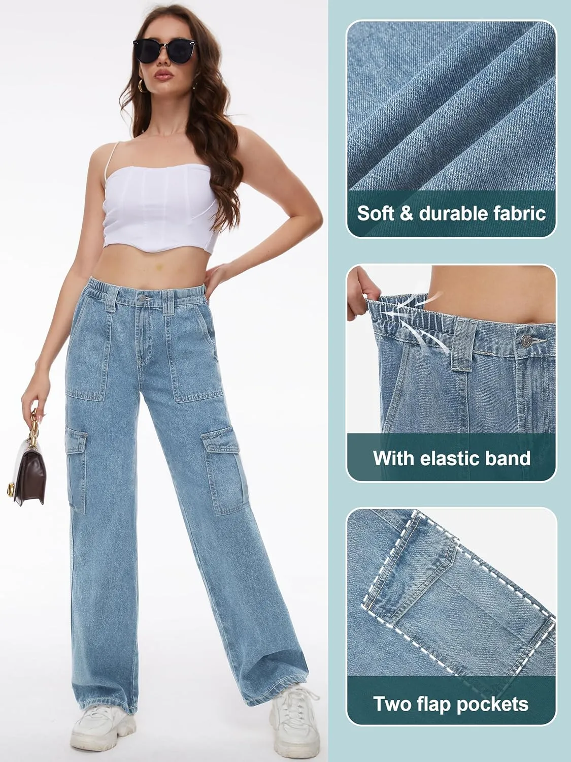 Tapata Women's 26"/28"/30"/32"/34" Cargo Jeans Straight Leg Short Petite Regular Tall Denim Relaxed Y2K Pants