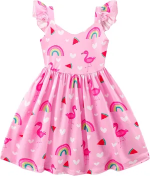 Toddler Girl Summer Dresses Kids Flutter Sleeve Casual Dress Vibrant Color Sundress 2-7 Years