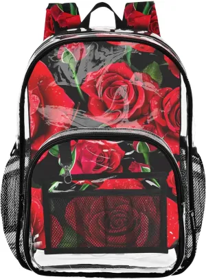 Travel Clear Backpack Floral Girls Backpack Kids Boys Approved See through Bag Vibrant Red Roses Dew Drops