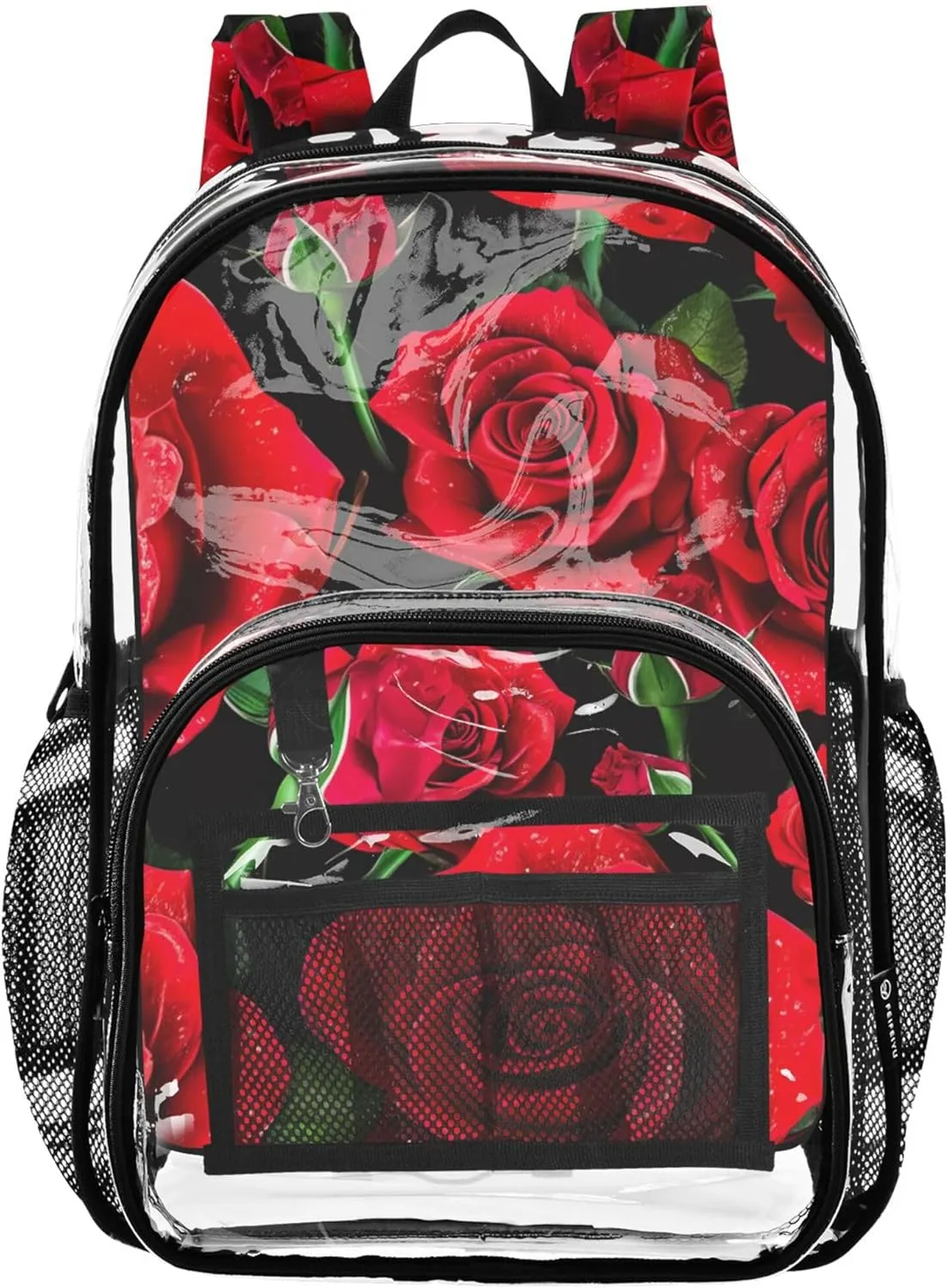 Travel Clear Backpack Floral Girls Backpack Kids Boys Approved See through Bag Vibrant Red Roses Dew Drops