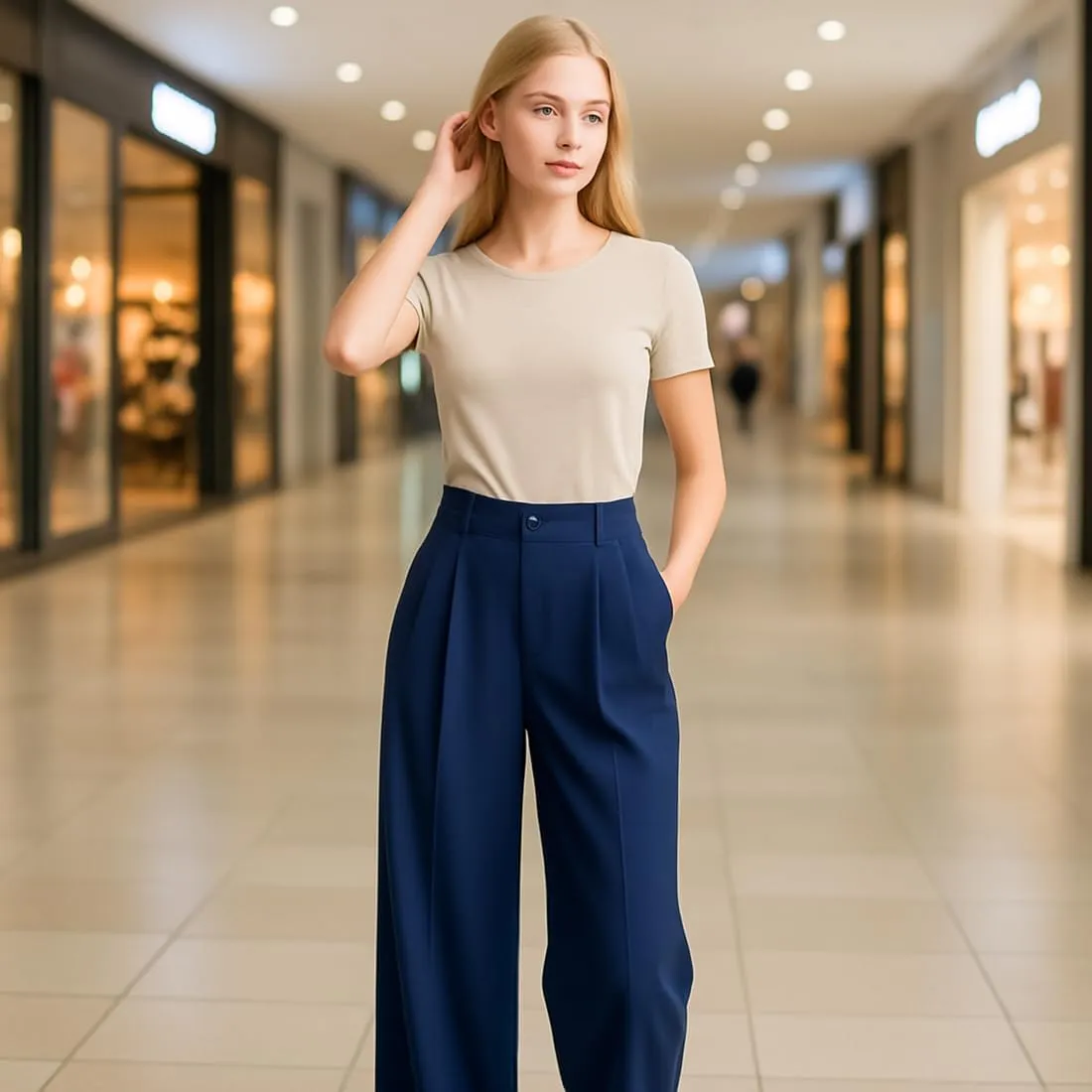 Tummy Control Stretch Twill Wide Leg Pant, High Waist Elastic Business Casual Summer Trousers with Pockets
