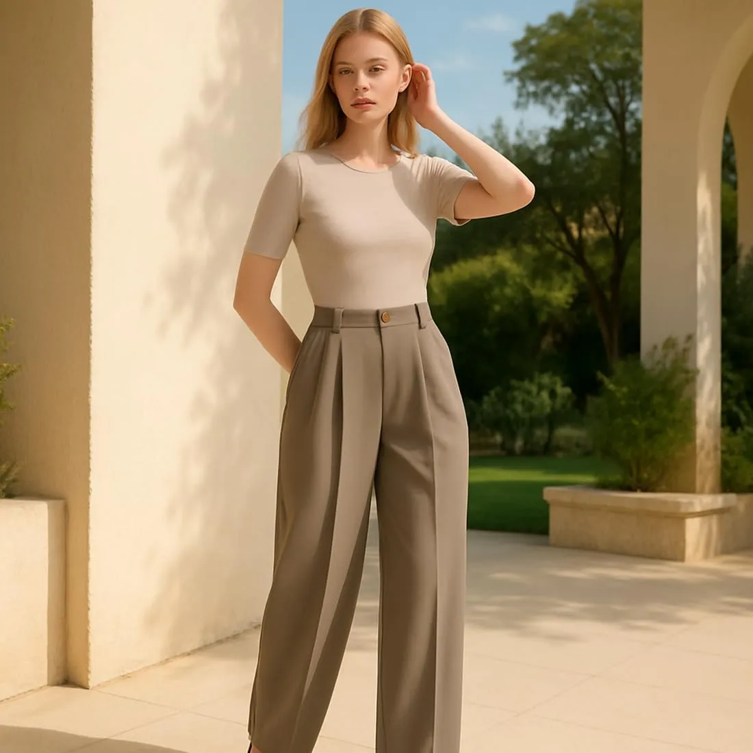 Tummy Control Stretch Twill Wide Leg Pant, High Waist Elastic Business Casual Summer Trousers with Pockets