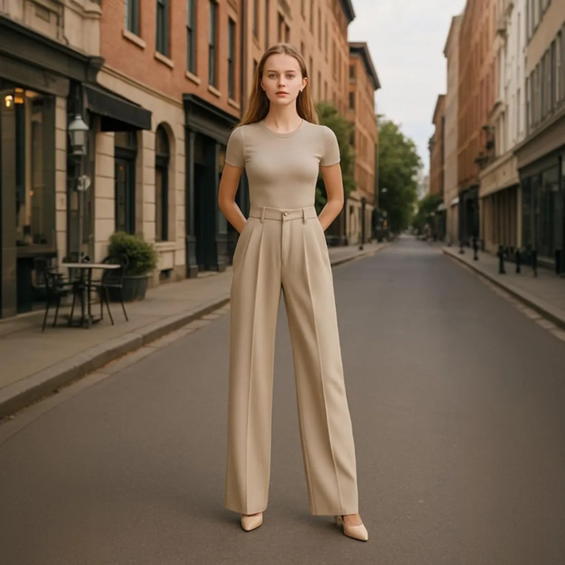 Tummy Control Stretch Twill Wide Leg Pant, High Waist Elastic Business Casual Summer Trousers with Pockets