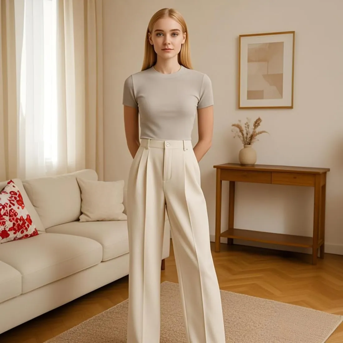 Tummy Control Stretch Twill Wide Leg Pant, High Waist Elastic Business Casual Summer Trousers with Pockets