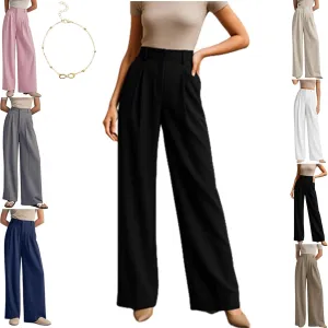 Tummy Control Stretch Twill Wide Leg Pant, High Waist Elastic Business Casual Summer Trousers with Pockets