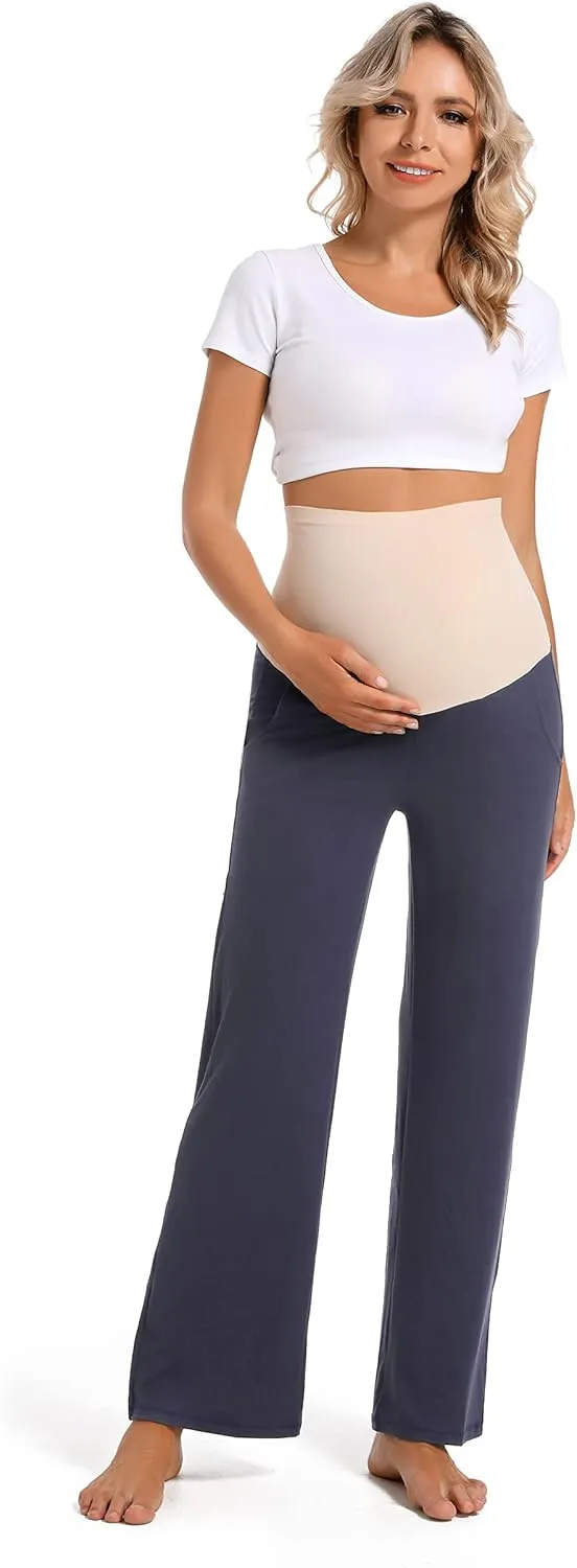 V VOCNI Women's Maternity Lounge Pants Pockets Stretchy Pregnancy Trousers Comfy Wide Leg Yoga Pajama Pants