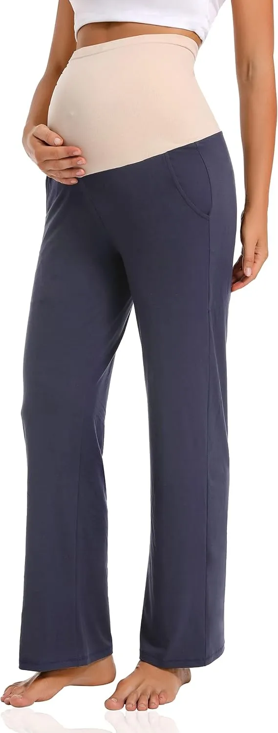 V VOCNI Women's Maternity Lounge Pants Pockets Stretchy Pregnancy Trousers Comfy Wide Leg Yoga Pajama Pants