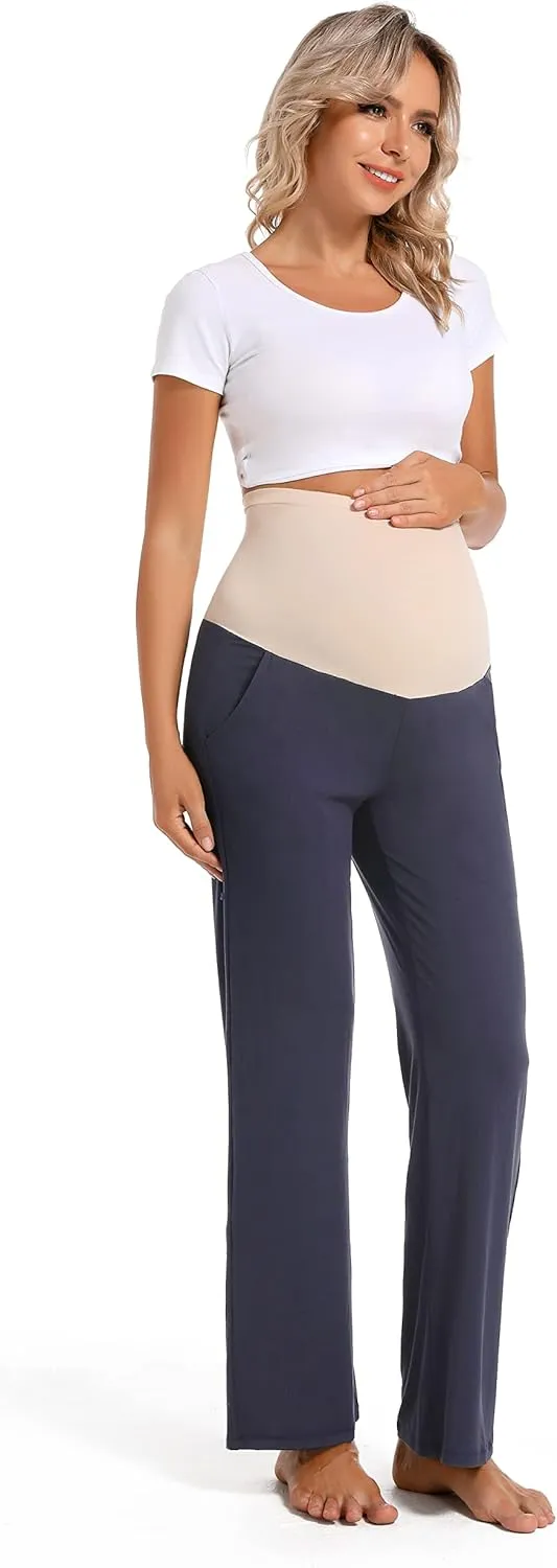 V VOCNI Women's Maternity Lounge Pants Pockets Stretchy Pregnancy Trousers Comfy Wide Leg Yoga Pajama Pants