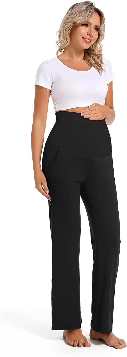 V VOCNI Women's Maternity Lounge Pants Pockets Stretchy Pregnancy Trousers Comfy Wide Leg Yoga Pajama Pants
